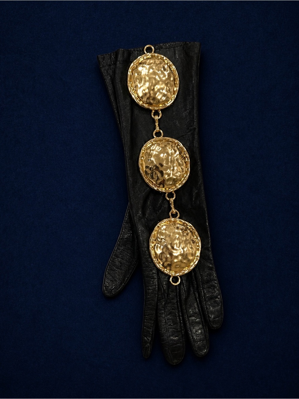 Black Leather Gloves with Gold Medallion Accent